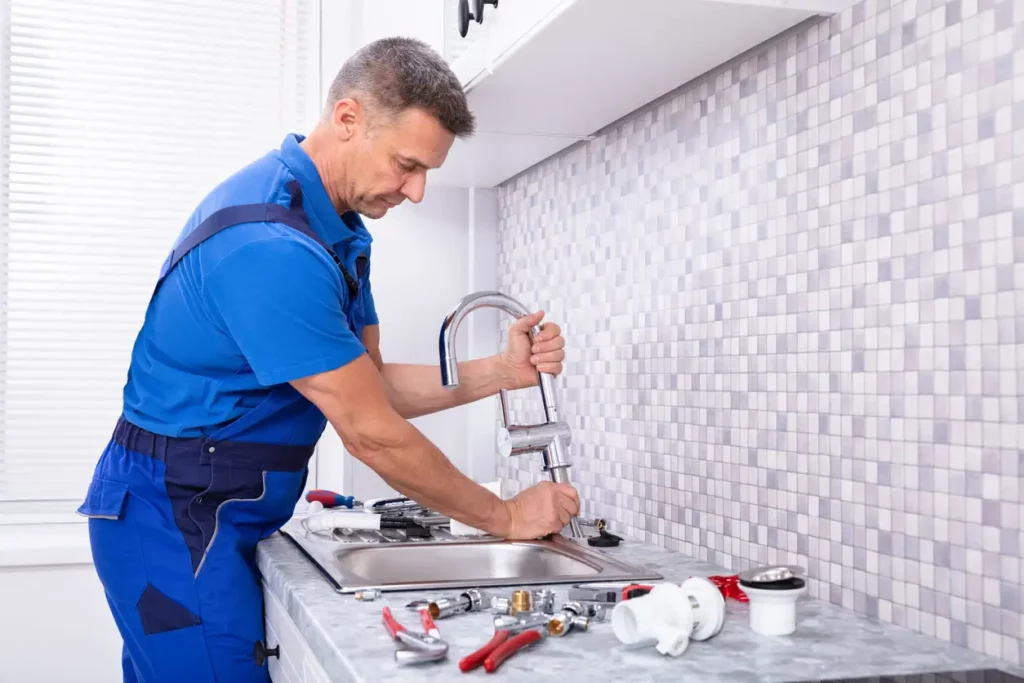 Plumber installs new faucet