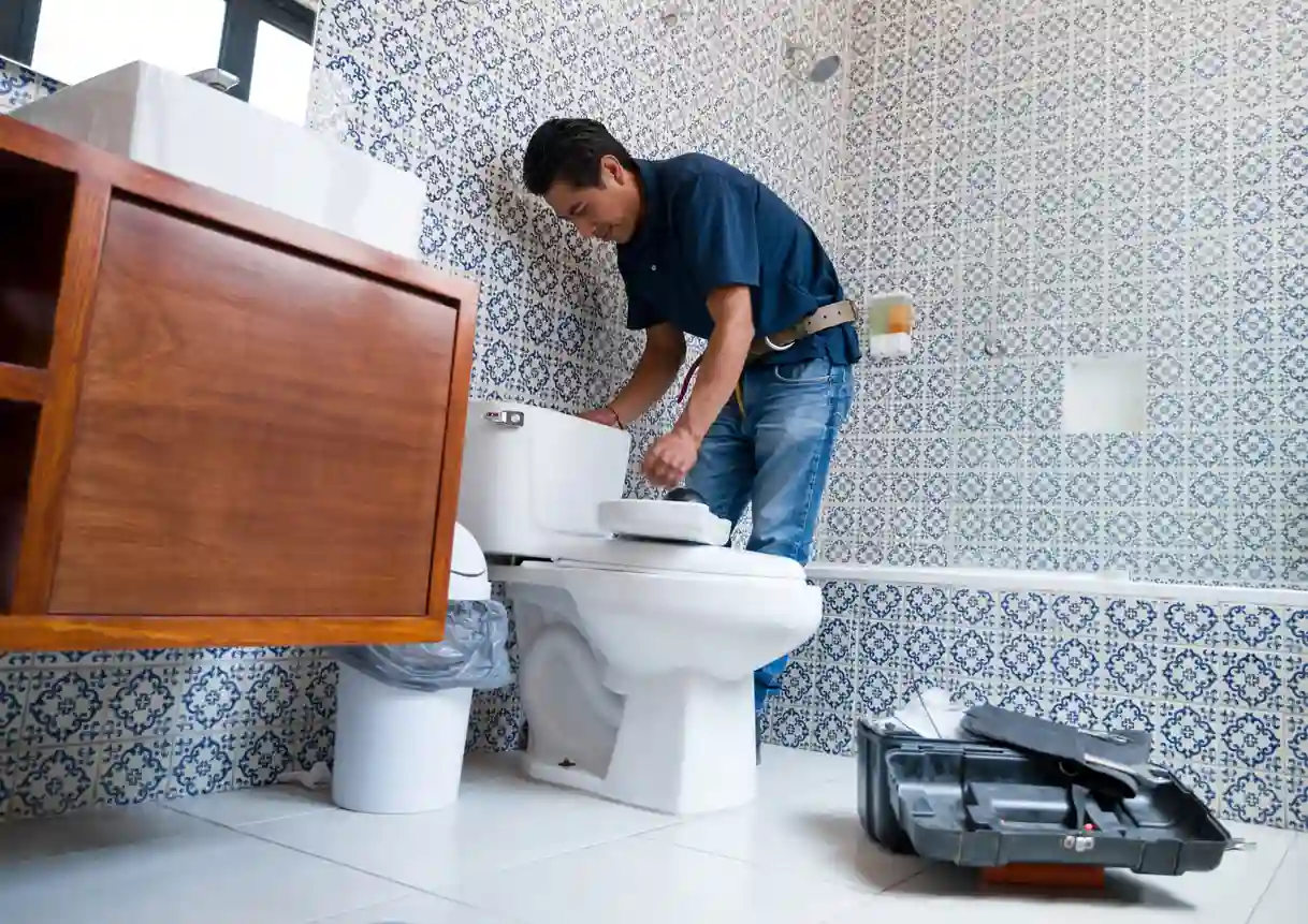 Plumber installs a toilet